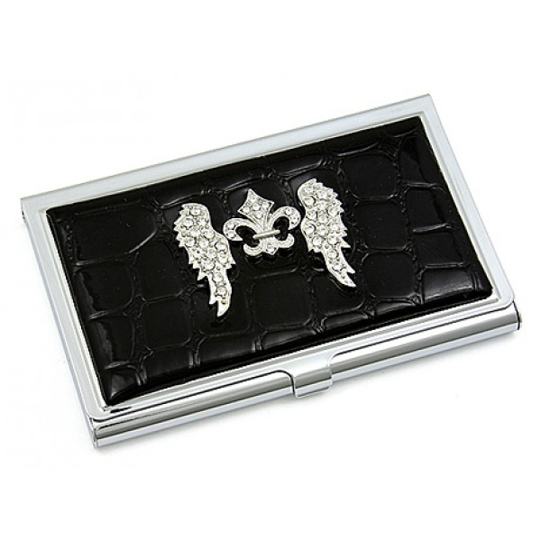 Business Card Holder - Croc Embossed Leather Like w/ Rhinestone Fleur De Lis & Angel Wings - Black - CH-GCH1282B 